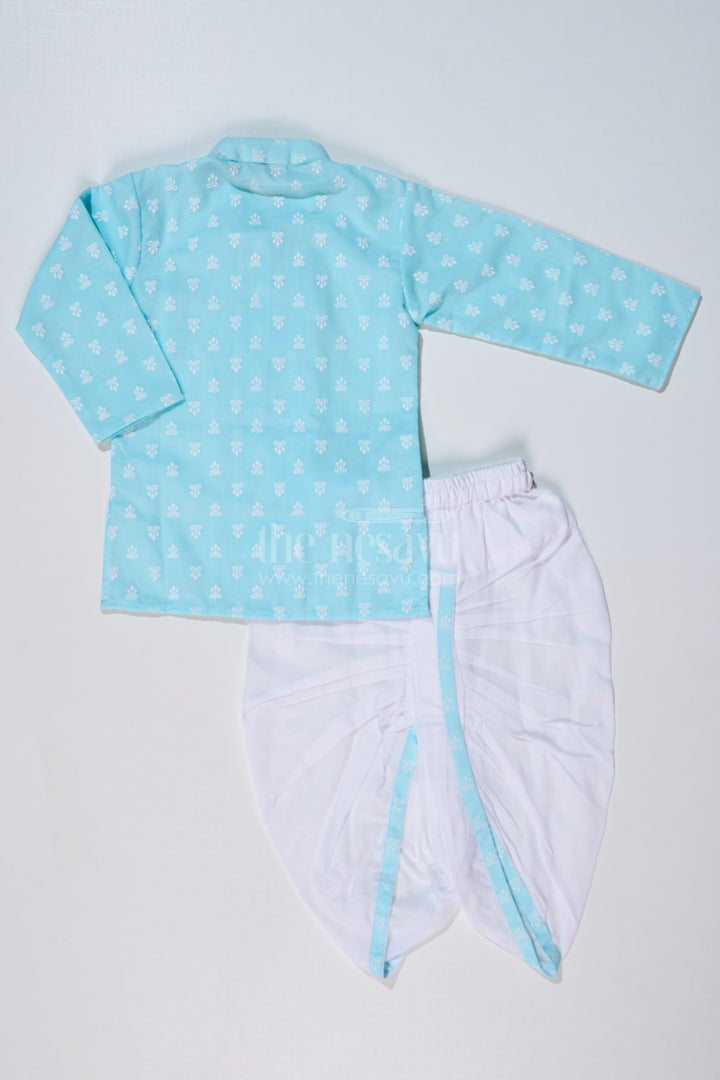 Boys Traditional Dhoti Kurta in Sky Blue Chikankari Cotton with White Dhoti