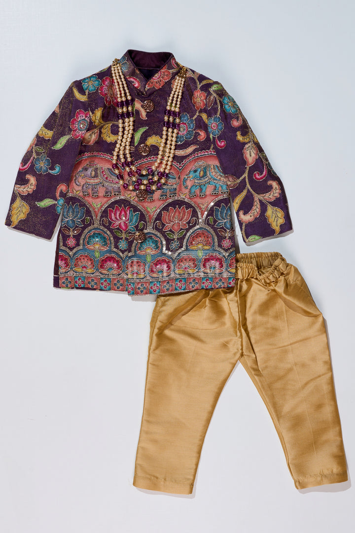 Stylish Kurta for Kids with Exquisite Embroidery and Golden Dhoti for Festive Wear