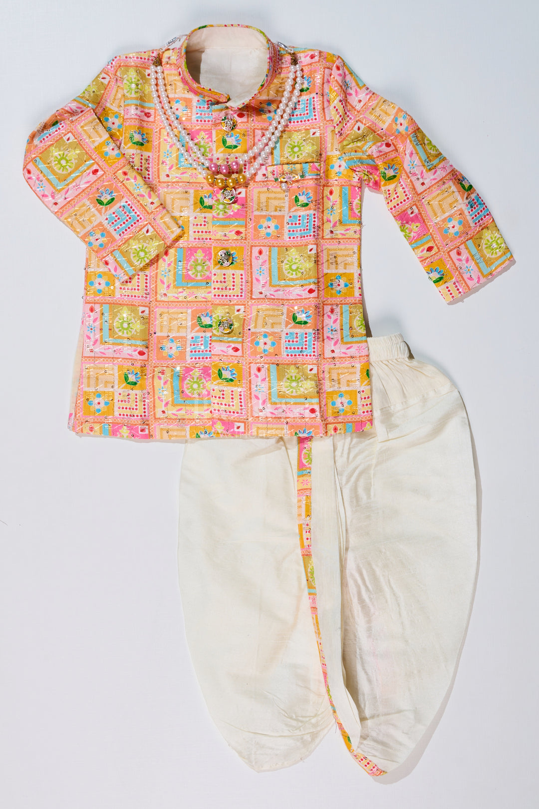 Boys Light Pink Kurta with Embroidered Jacket and Dhoti for Traditional Festive Wear