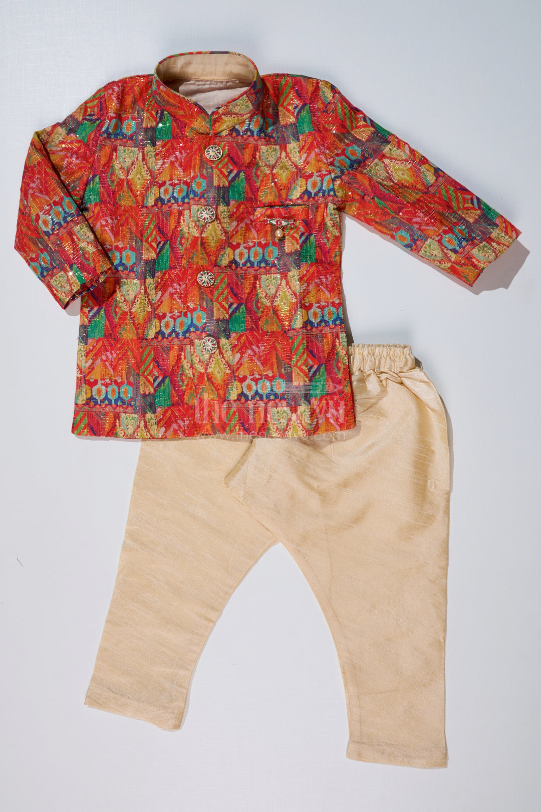 Boys Light Red Kurta with Printed Jacket and Cream Dhoti for Special Occasions