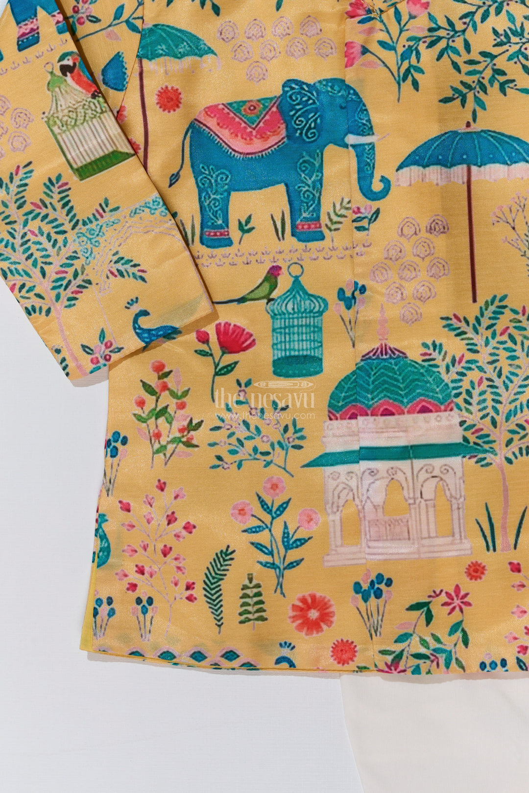 Mustard Yellow Kurta with Floral Printed Nehru Jacket and Matching Pants for Boys