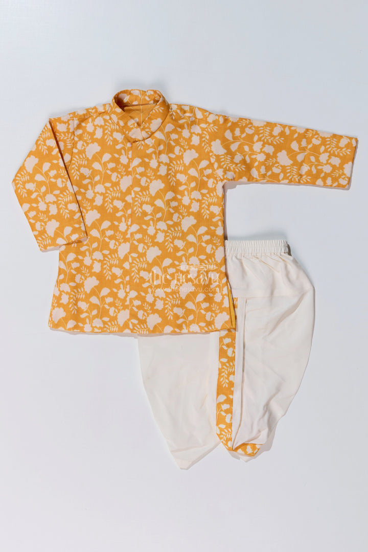 Stylish Yellow Dhoti Kurta for Boys in Cotton Printed Fabric with Traditional Design