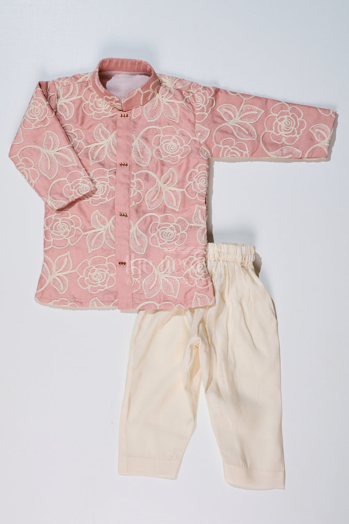 Boys Peach Kurta in Silk Blend with Designer Embroidery and Elegant Floral Detailing