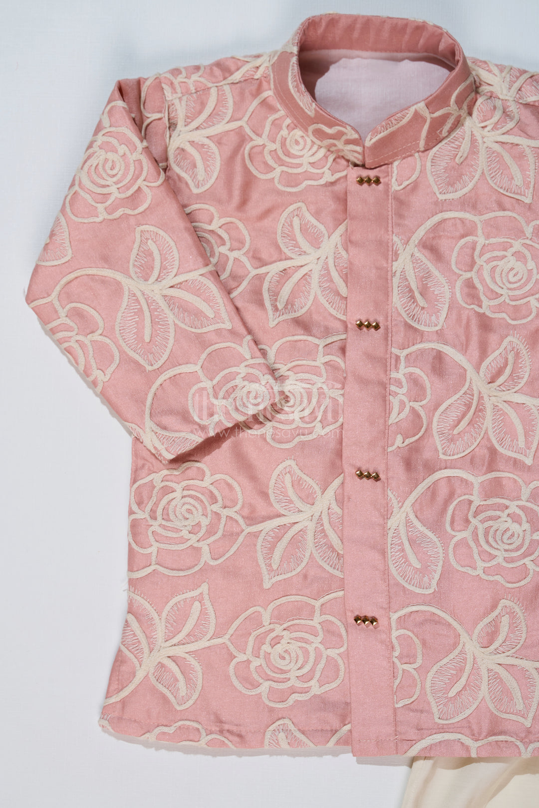 Boys Peach Kurta in Silk Blend with Designer Embroidery and Elegant Floral Detailing