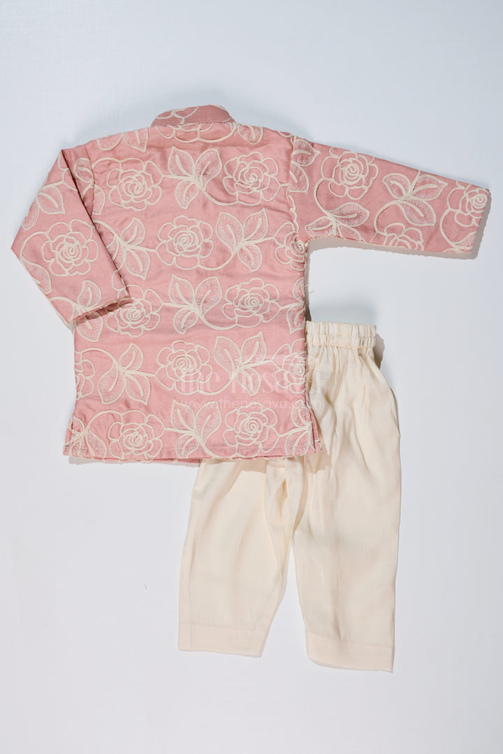 Boys Peach Kurta in Silk Blend with Designer Embroidery and Elegant Floral Detailing