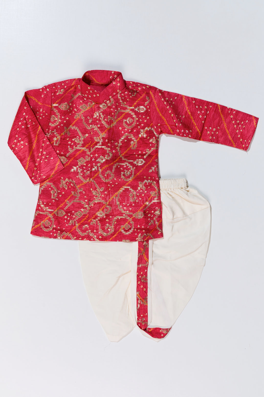 Traditional Silk Dhoti Kurta Set for Boys with Bandhini Print and Classic Embroidery