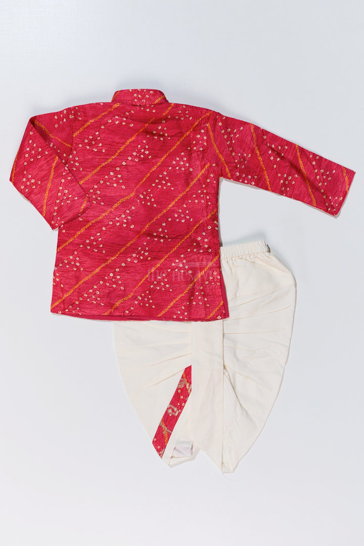 Traditional Silk Dhoti Kurta Set for Boys with Bandhini Print and Classic Embroidery