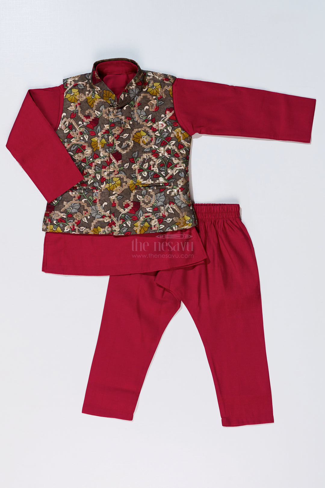 Elegant Red Kurta with Jacket Set for Boys in Jacquard Silk with Floral Embroidery