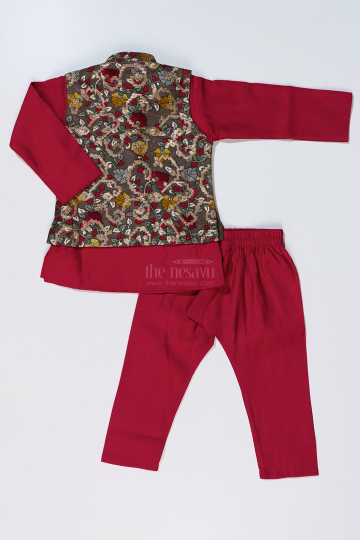 Elegant Red Kurta with Jacket Set for Boys in Jacquard Silk with Floral Embroidery