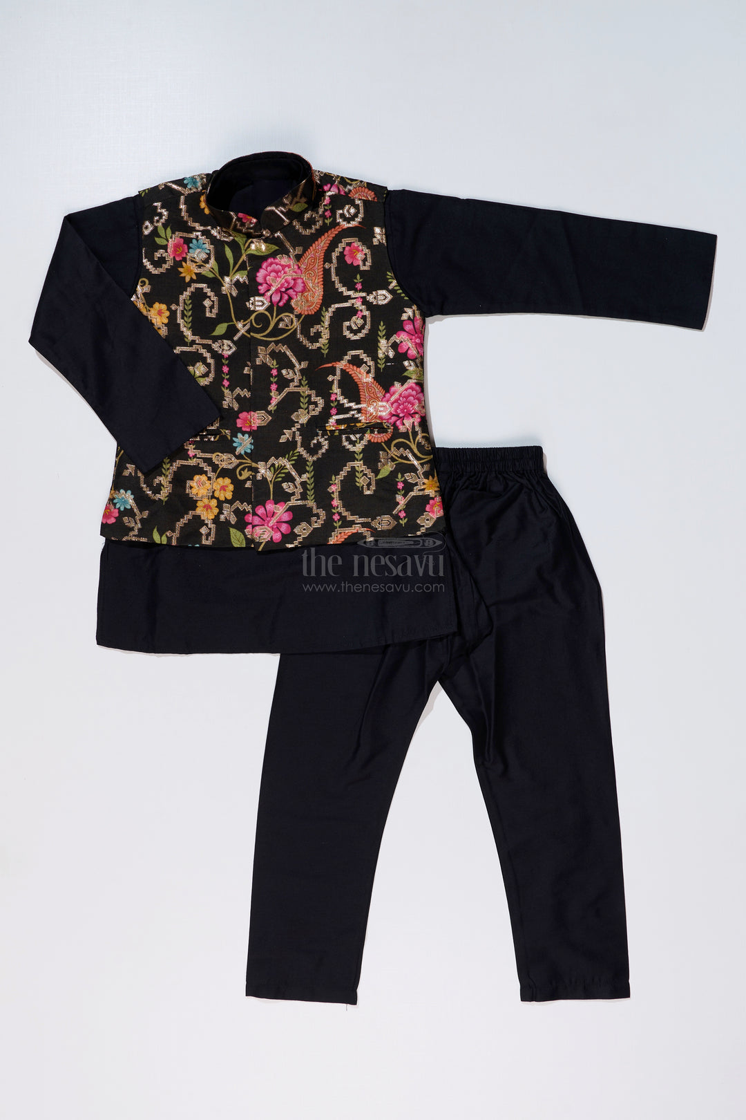 Stylish Black Jacket on Kurta Set for Boys with Floral Embroidered Silk Vest