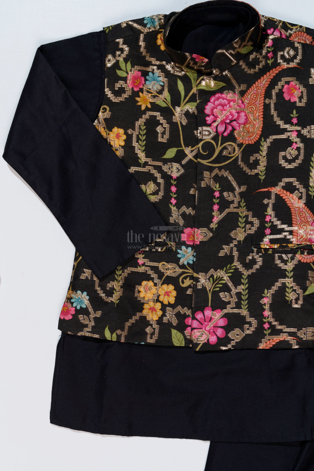 Stylish Black Jacket on Kurta Set for Boys with Floral Embroidered Silk Vest