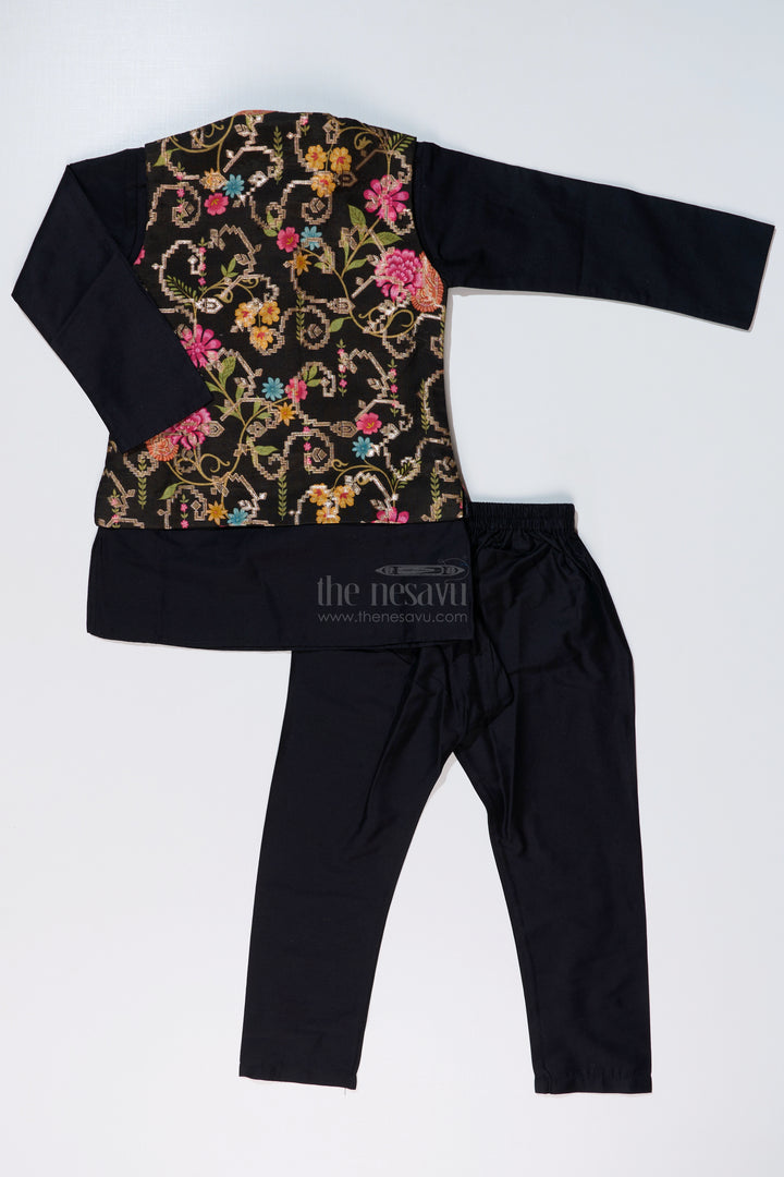 Stylish Black Jacket on Kurta Set for Boys with Floral Embroidered Silk Vest