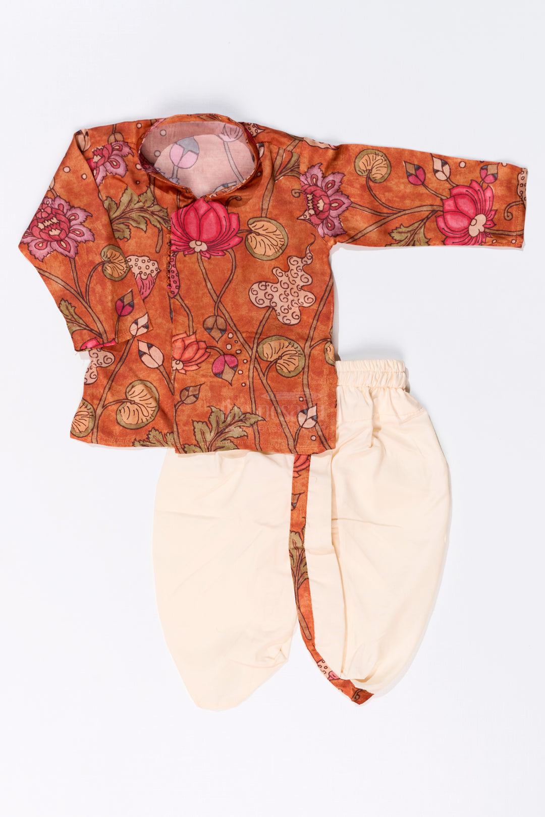 Boys Dhoti Pajama Suit with Kalamkari Printed Muslin Silk for Traditional and Festive Wear