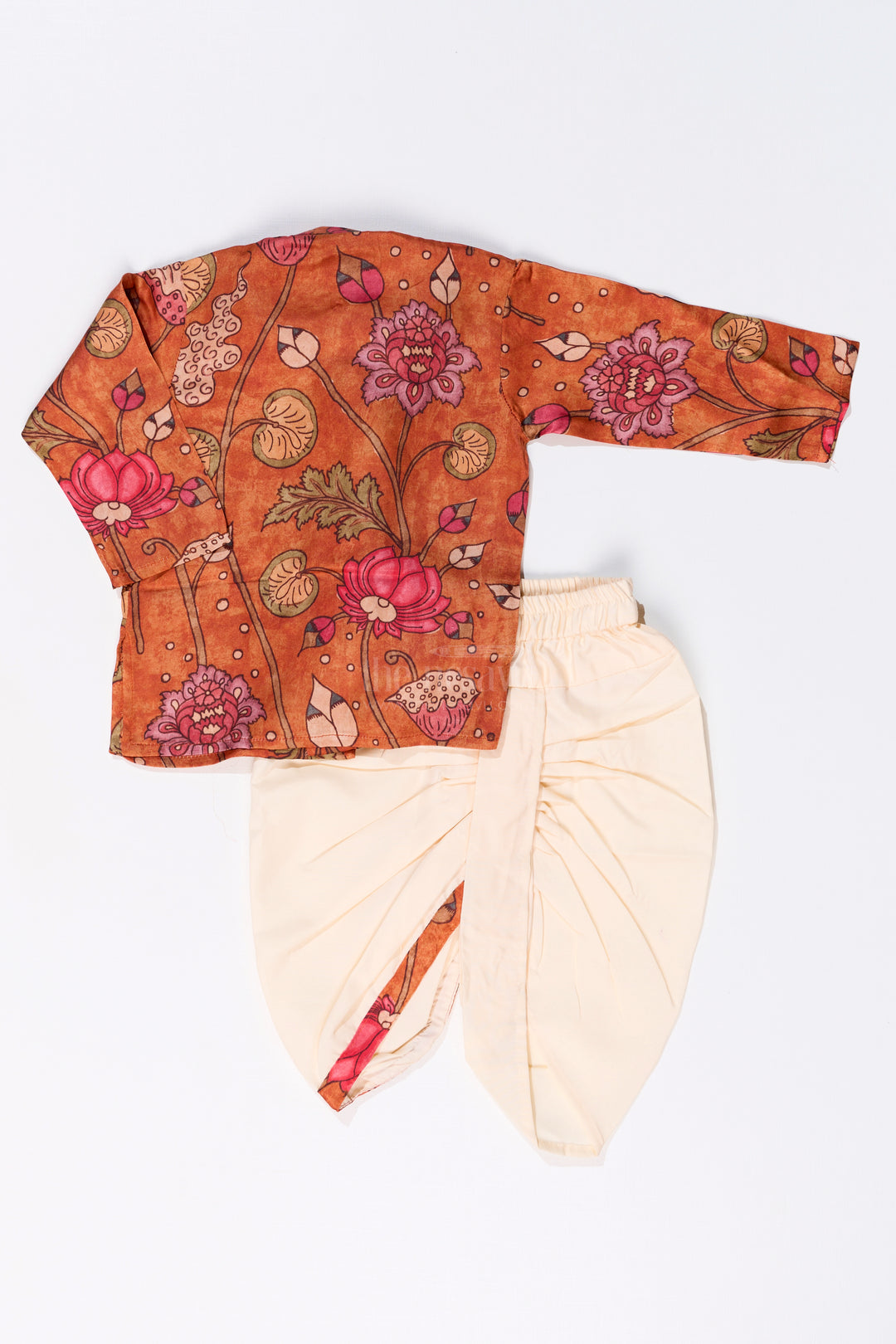 Boys Dhoti Pajama Suit with Kalamkari Printed Muslin Silk for Traditional and Festive Wear