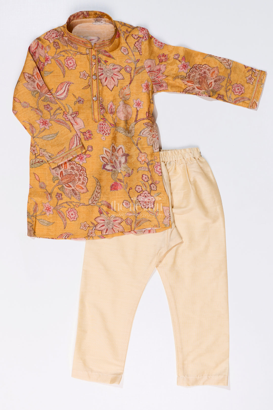 Traditional Boys Printed Kurta Set in Designer Shimmer Fabric with Floral Motifs