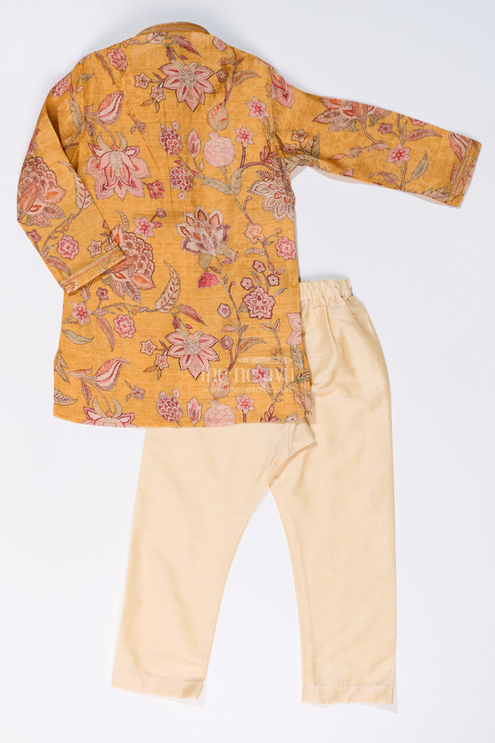 Traditional Boys Printed Kurta Set in Designer Shimmer Fabric with Floral Motifs