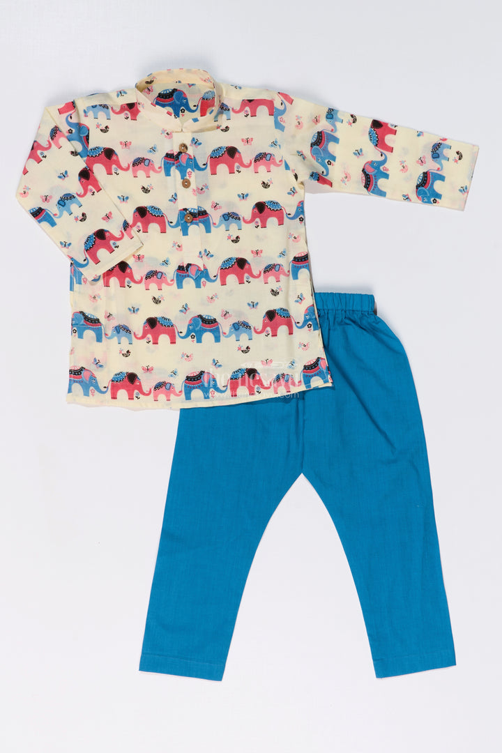 Playful Boys Cotton Printed Kurta Set with Elephant Motifs for Festive Wear