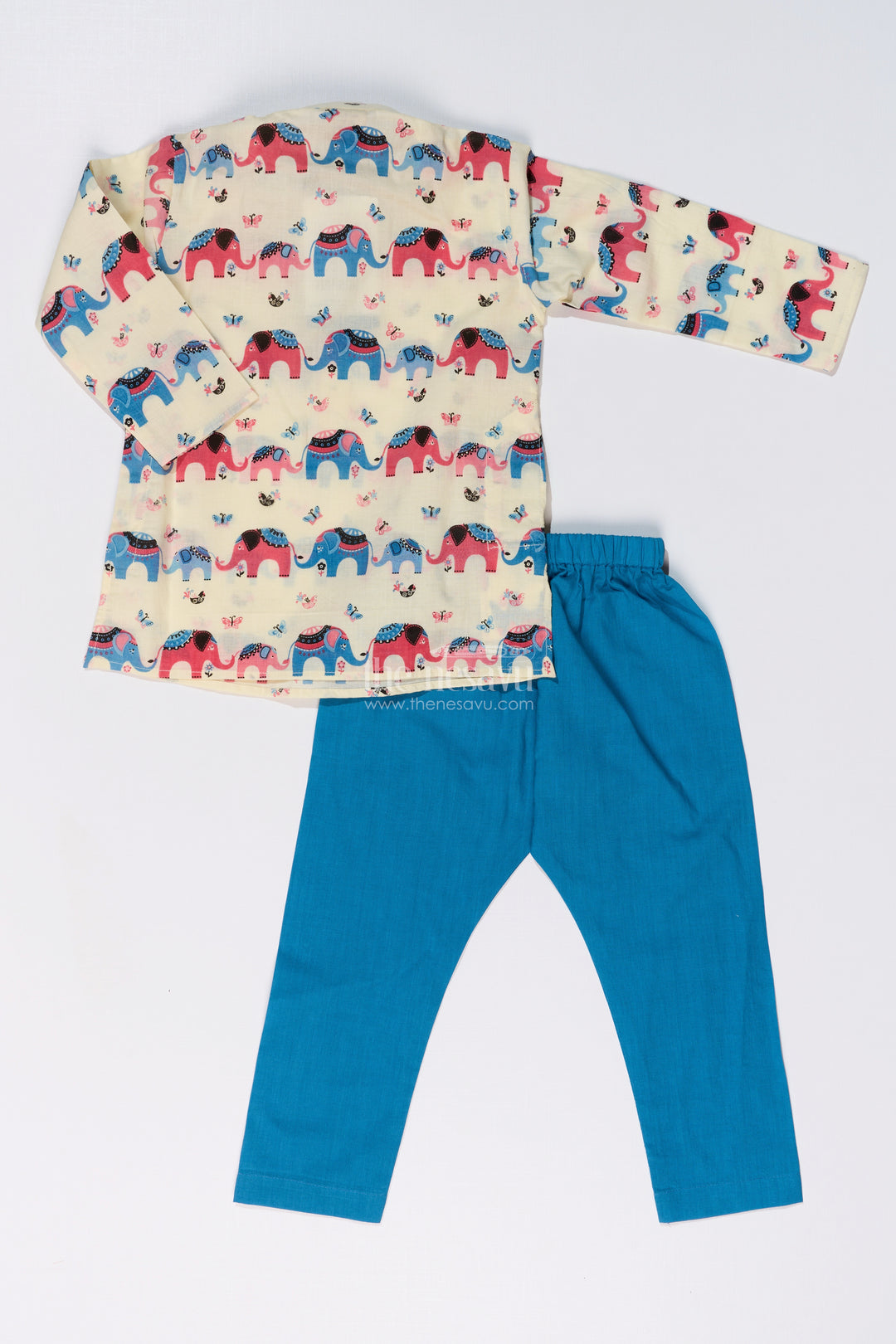 Playful Boys Cotton Printed Kurta Set with Elephant Motifs for Festive Wear