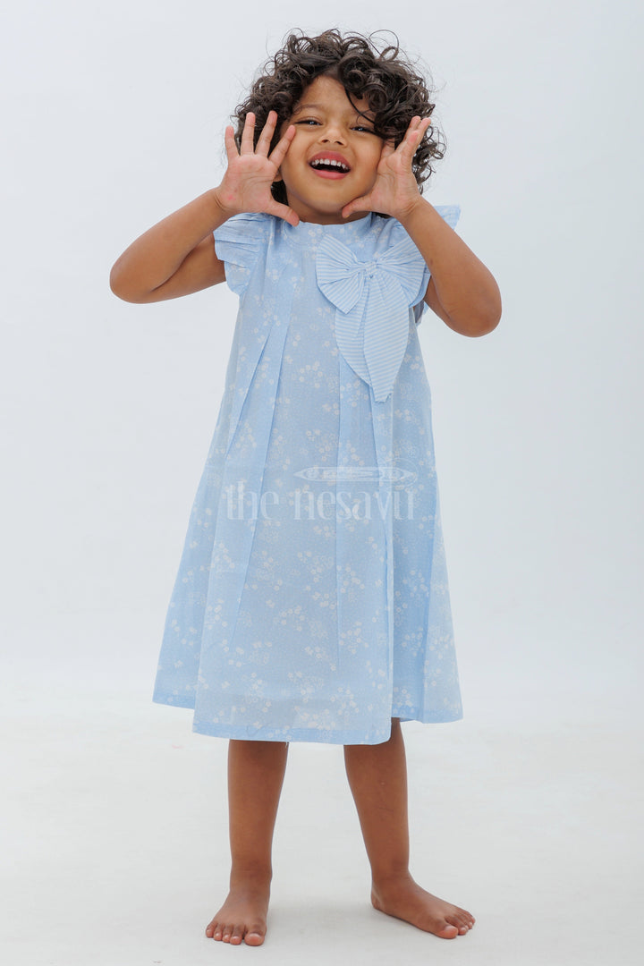 Blue Cotton Frock with White Motif and Ruffle Sleeves