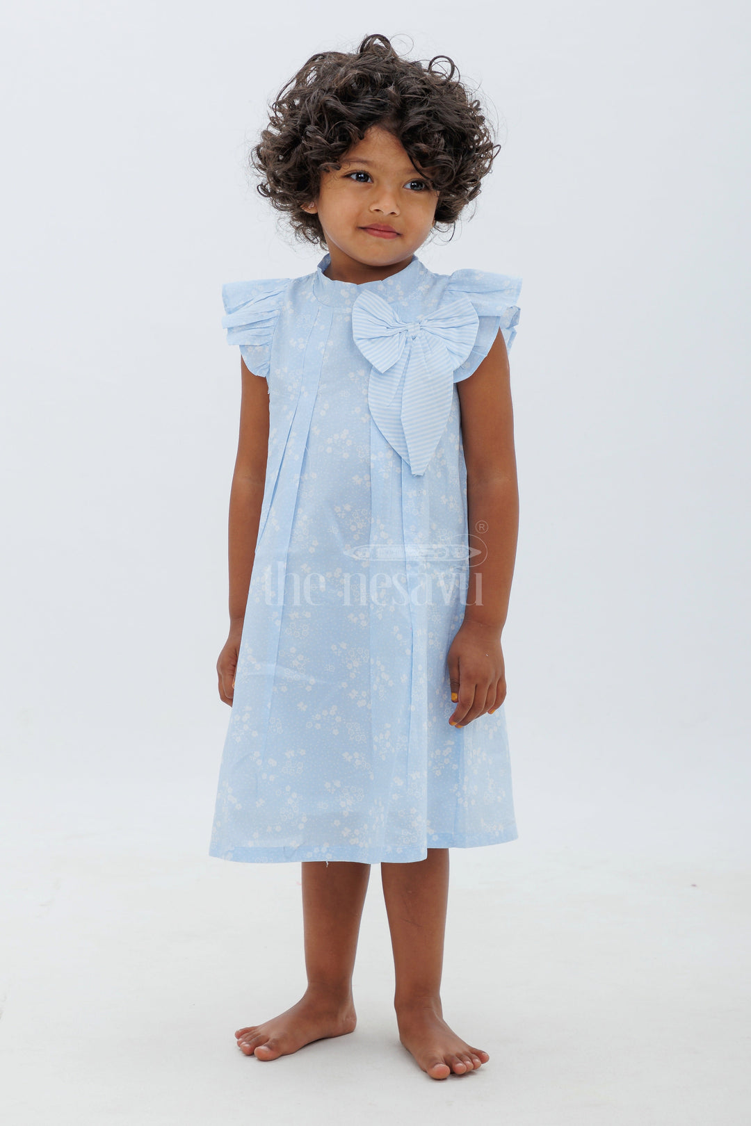 Blue Cotton Frock with White Motif and Ruffle Sleeves