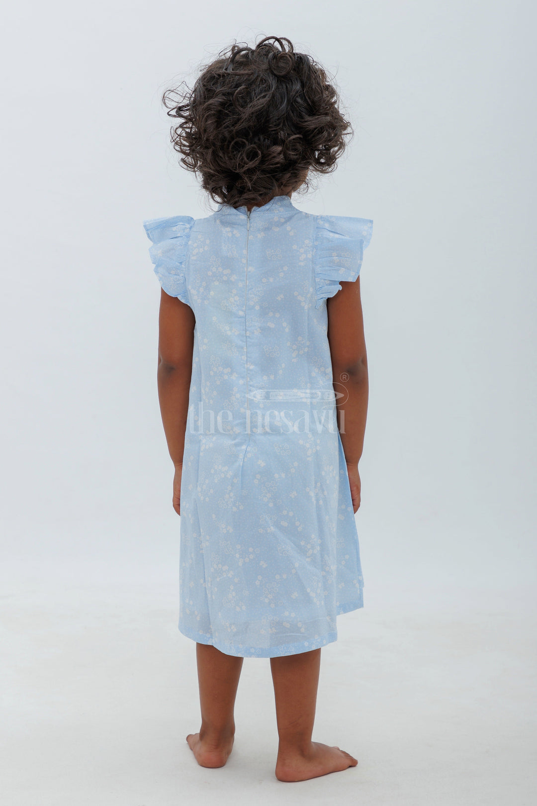 Blue Cotton Frock with White Motif and Ruffle Sleeves