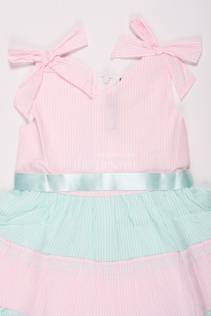 Pink and Blue Tiered Sleeveless Cotton Frock with Bow Straps