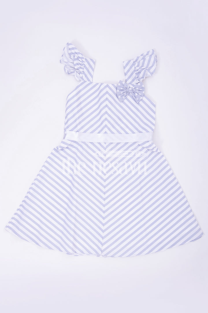 Gray Striped Cotton Frock with Cap Sleeves and Bow