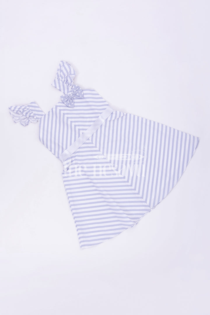 Gray Striped Cotton Frock with Cap Sleeves and Bow