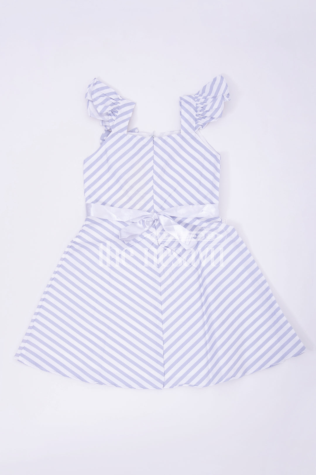 Gray Striped Cotton Frock with Cap Sleeves and Bow