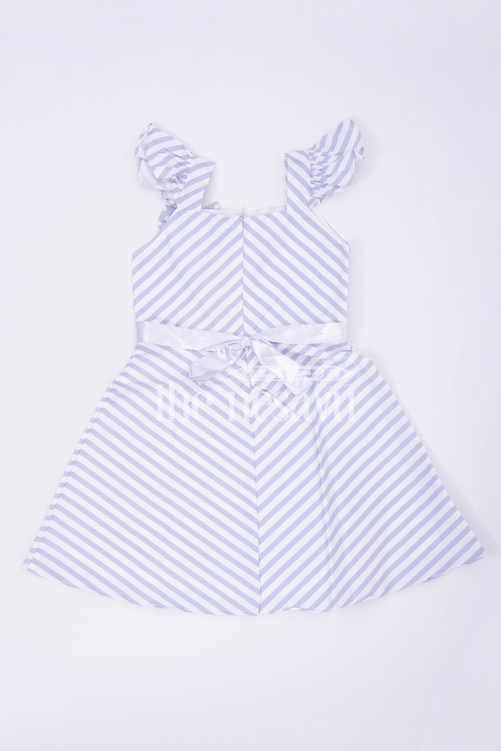 Gray Striped Cotton Frock with Cap Sleeves and Bow