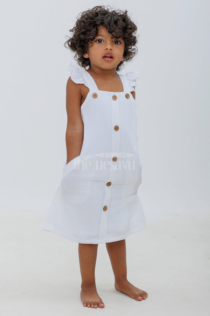 White Cotton Blend Frock with Button Front and Cap Sleeves