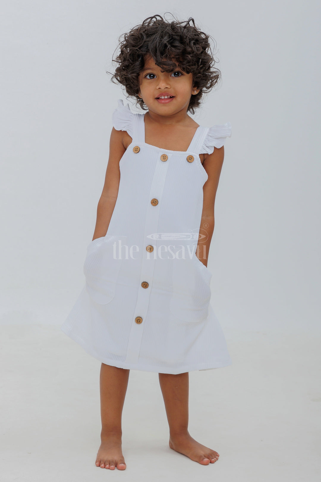 White Cotton Blend Frock with Button Front and Cap Sleeves