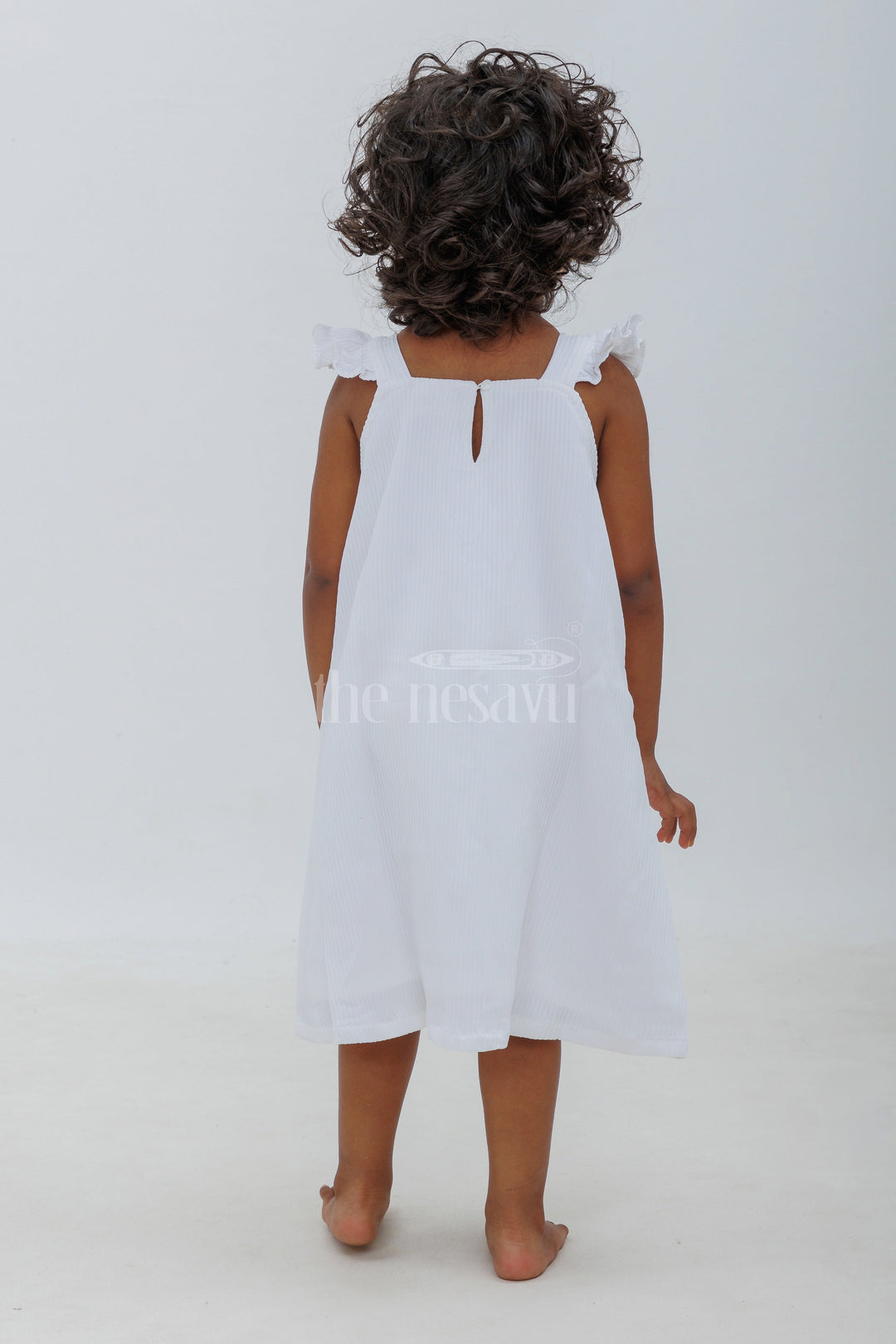 White Cotton Blend Frock with Button Front and Cap Sleeves