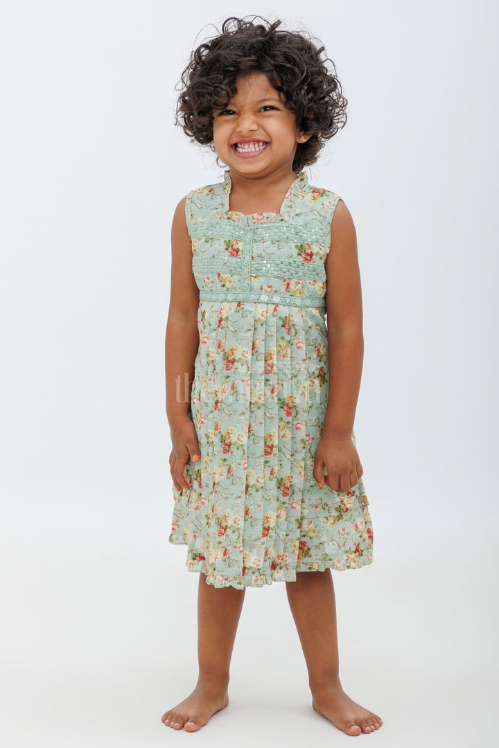 Sea Green Cotton Frock with Embroidered Neckline and Floral Print