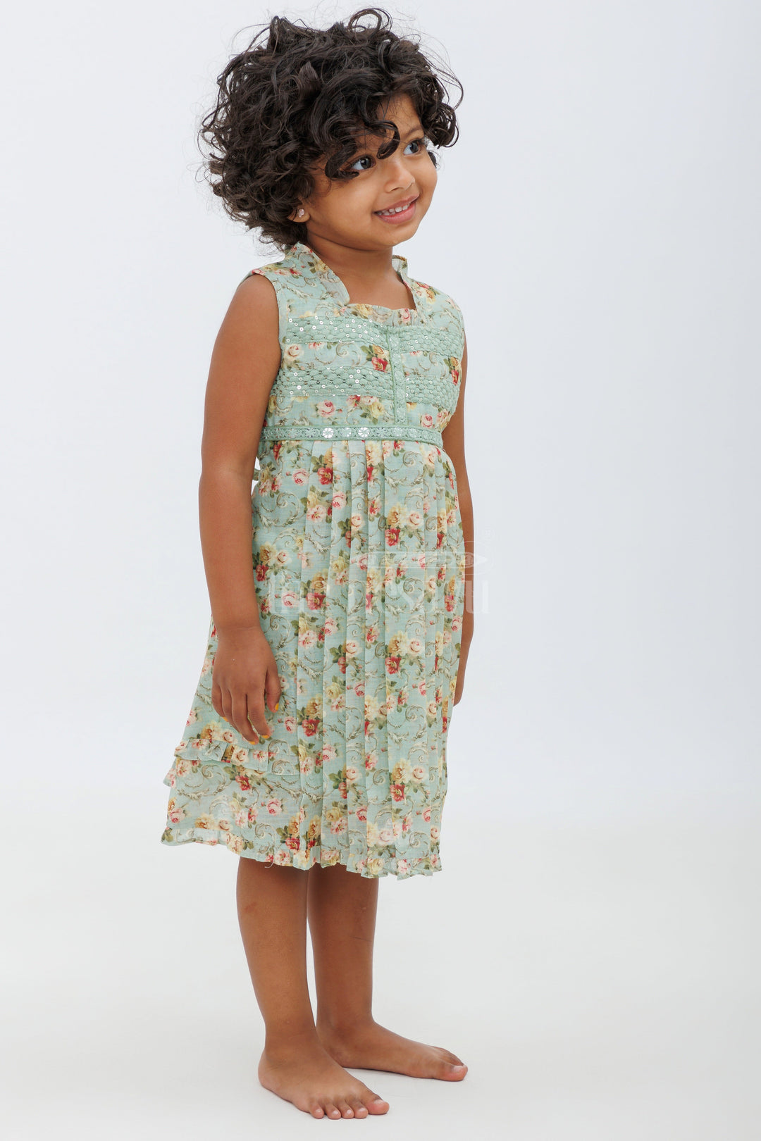 Sea Green Cotton Frock with Embroidered Neckline and Floral Print