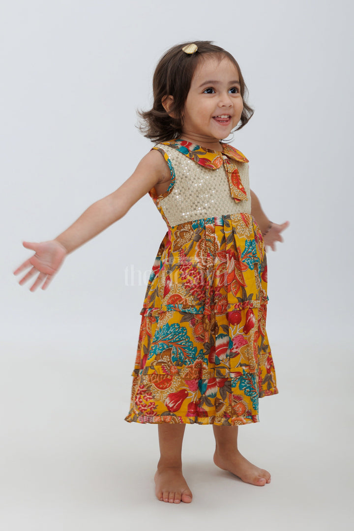 Mustard Blend Silk Frock with Peter Pan Collar and Floral Print