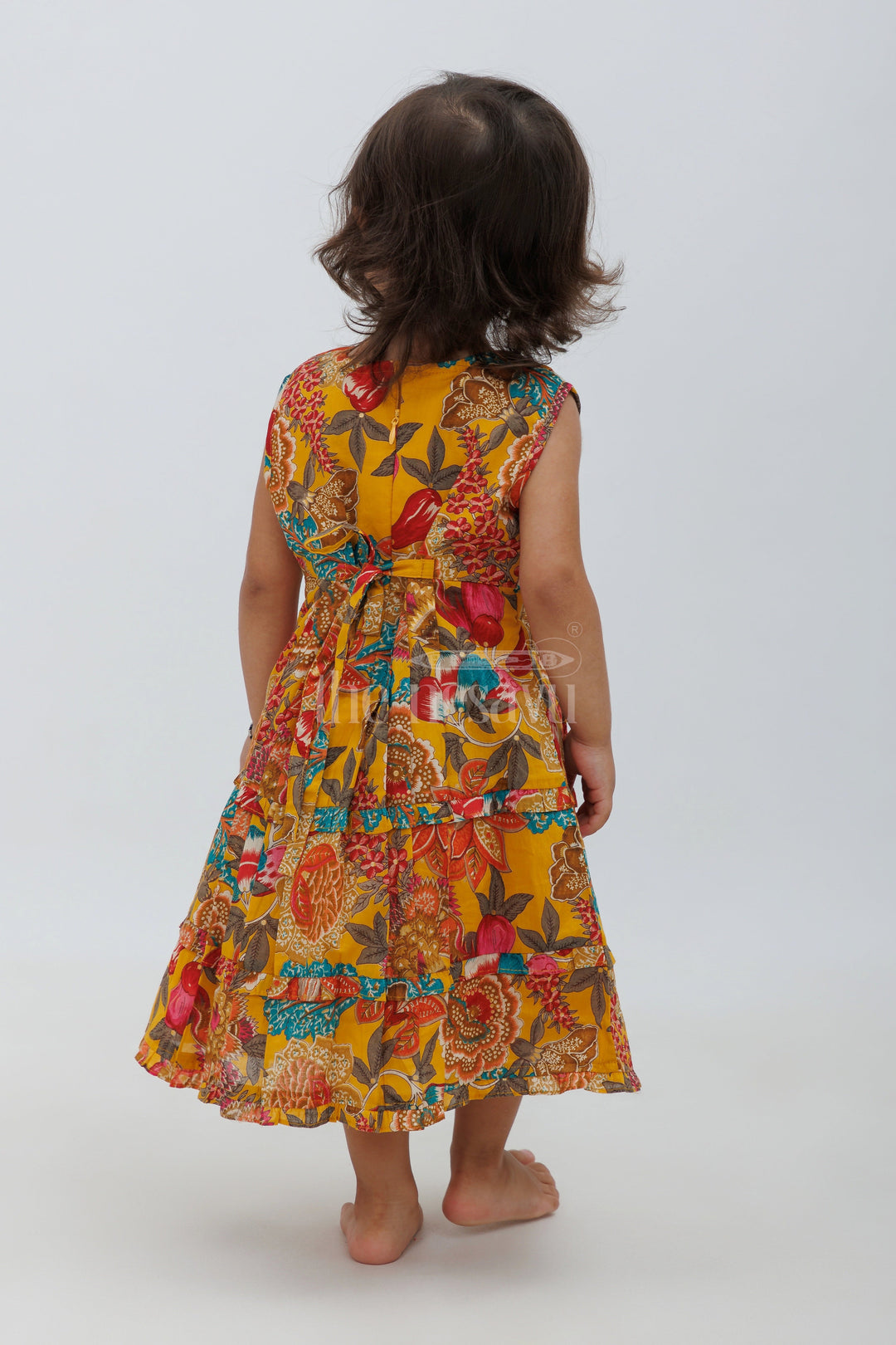 Mustard Blend Silk Frock with Peter Pan Collar and Floral Print