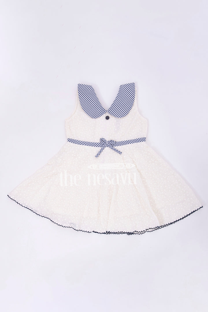 Cream Cotton Chikankari Embroidered Frock with Blue Checked Collar for Babies