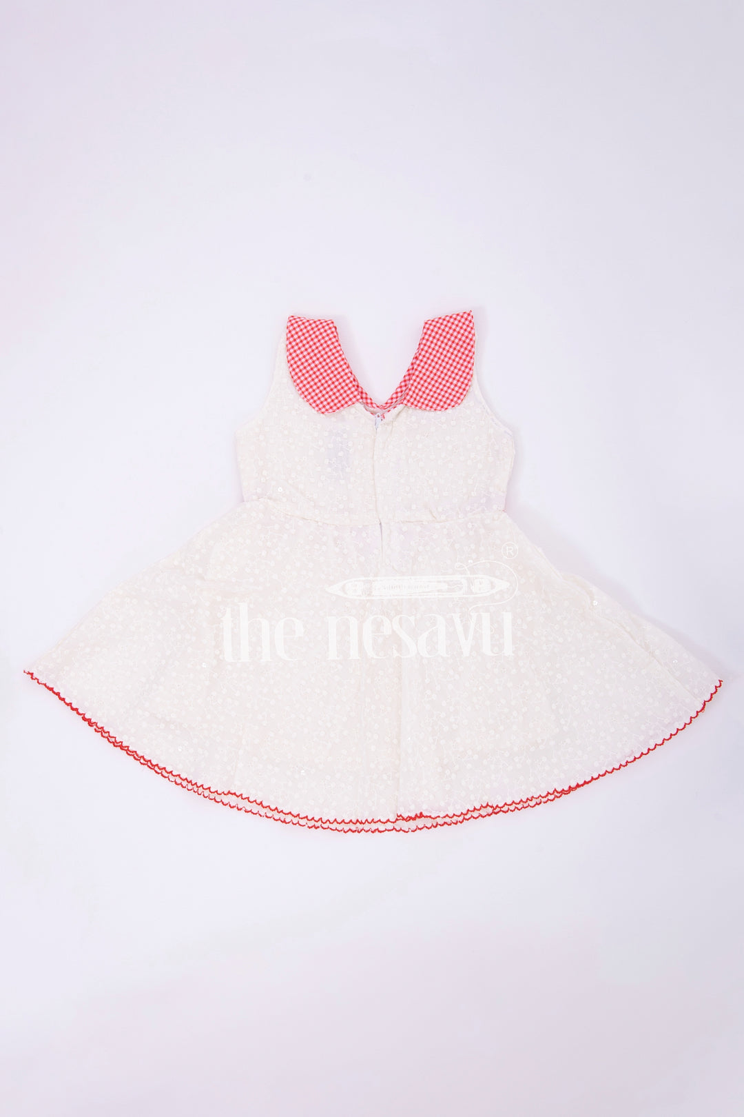 Cream Cotton Chikankari Embroidered Frock with Red Checked Collar for Babies