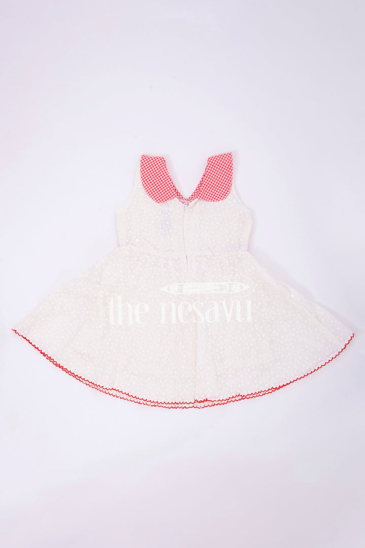 Cream Cotton Chikankari Embroidered Frock with Red Checked Collar for Babies