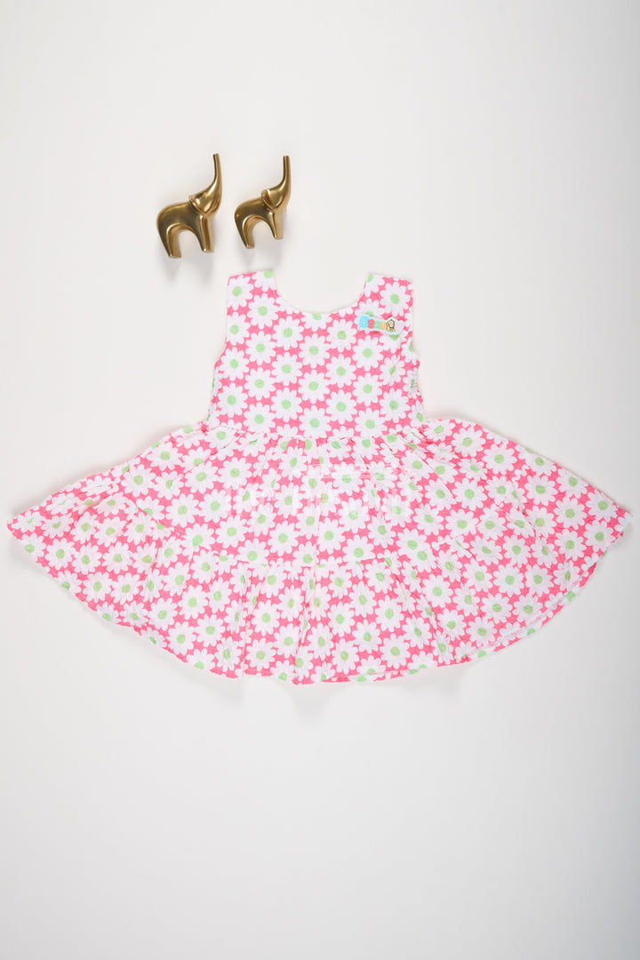 Baby Girls Pink Floral Cotton Frock with Flared Skirt and Lico Patch