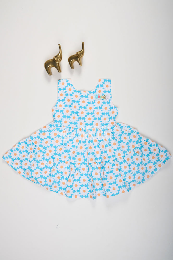 Baby Girls Blue Daisy Print Sleeveless Cotton Frock with Flared Skirt and Lico Patch