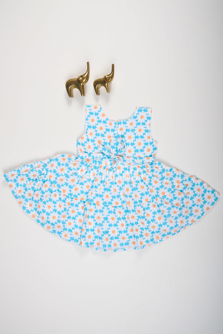 Baby Girls Blue Daisy Print Sleeveless Cotton Frock with Flared Skirt and Lico Patch