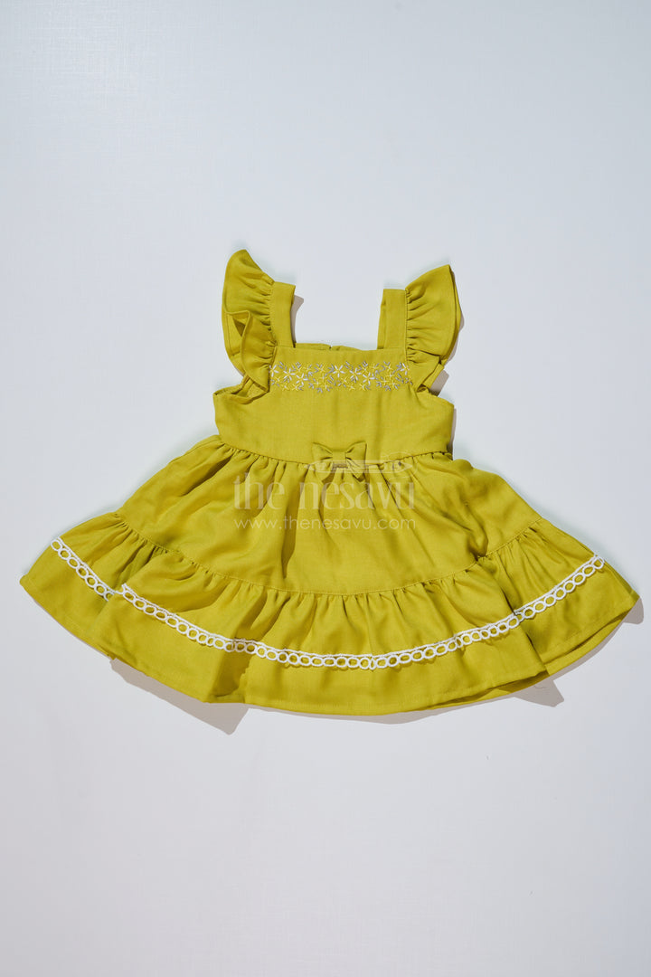 Baby Girls Normal Frock in Blend Silk with Embroidery and Ruffled Sleeves for Elegant Occasions