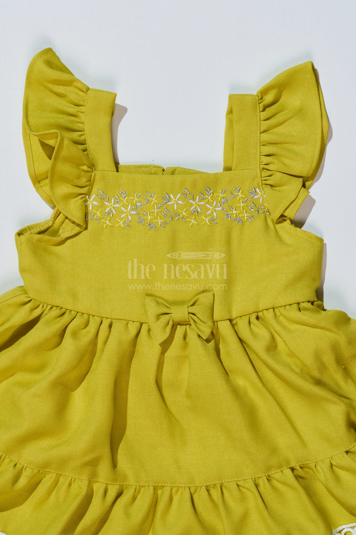 Baby Girls Normal Frock in Blend Silk with Embroidery and Ruffled Sleeves for Elegant Occasions