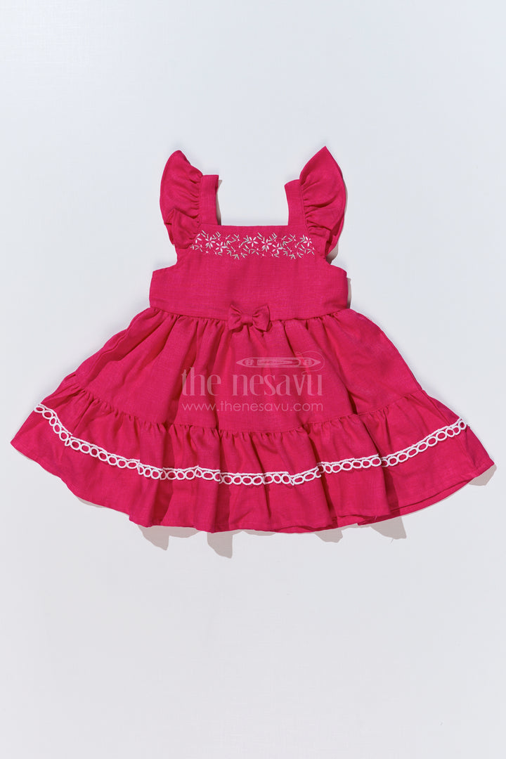 Baby Girls Pink Frock in Blend Silk with Embroidery and Ruffled Sleeves for Special Occasions