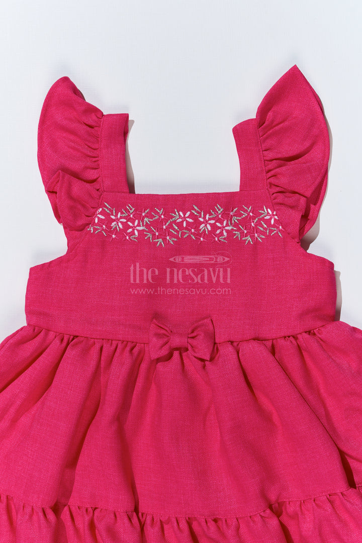 Baby Girls Pink Frock in Blend Silk with Embroidery and Ruffled Sleeves for Special Occasions