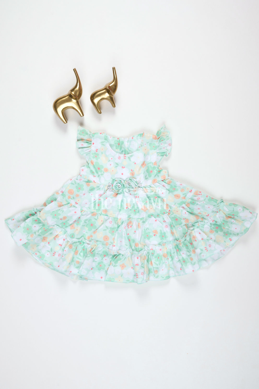 Baby Girls Green Floral Frock with Ruffle Sleeves and Rosette Detail for Summer Outings