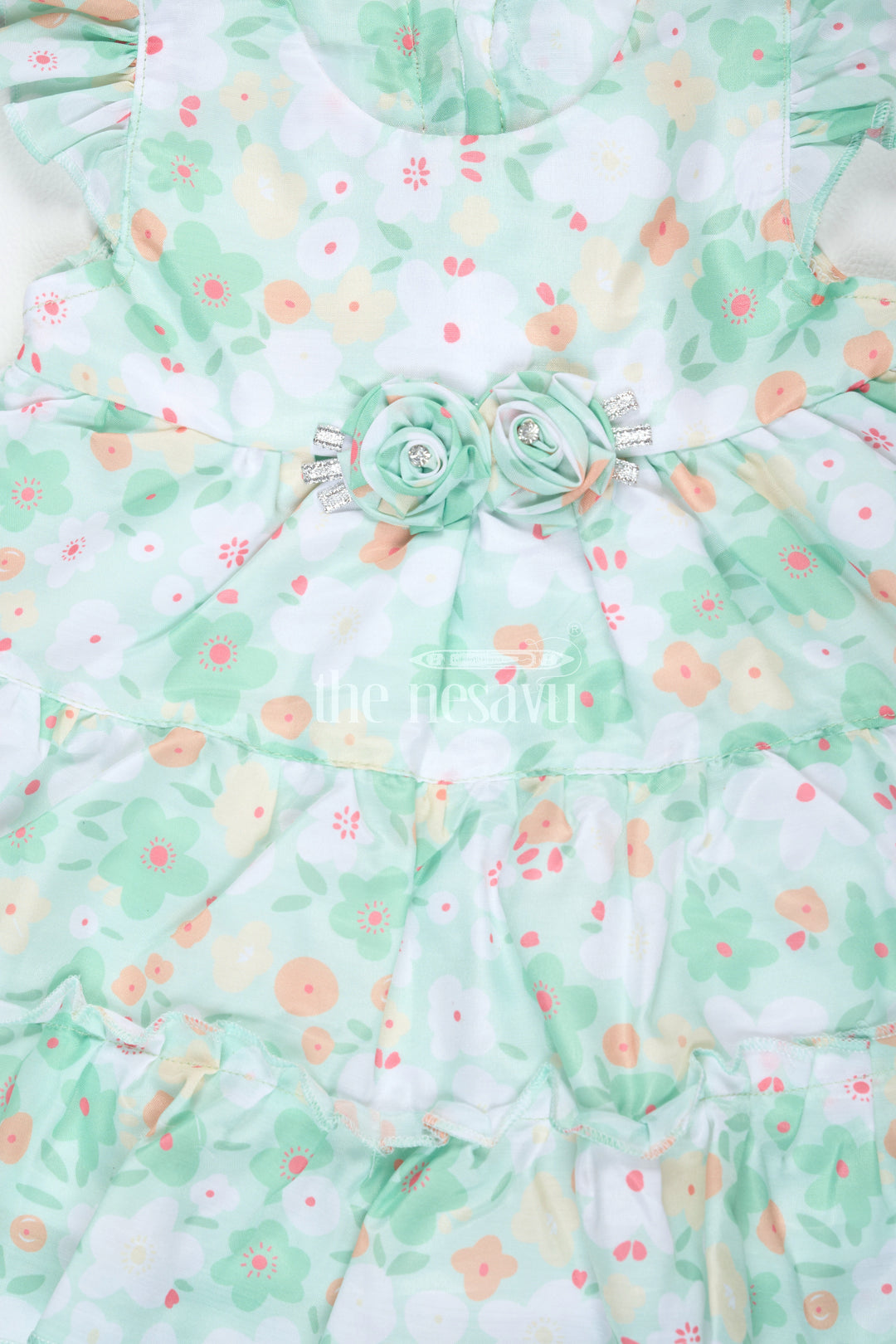 Baby Girls Green Floral Frock with Ruffle Sleeves and Rosette Detail for Summer Outings