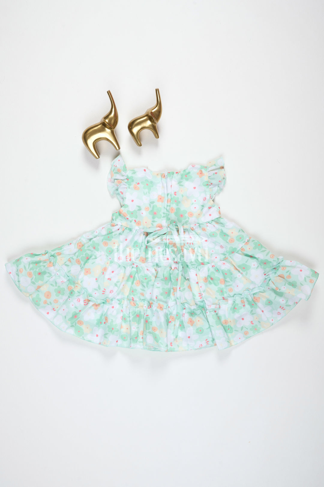 Baby Girls Green Floral Frock with Ruffle Sleeves and Rosette Detail for Summer Outings